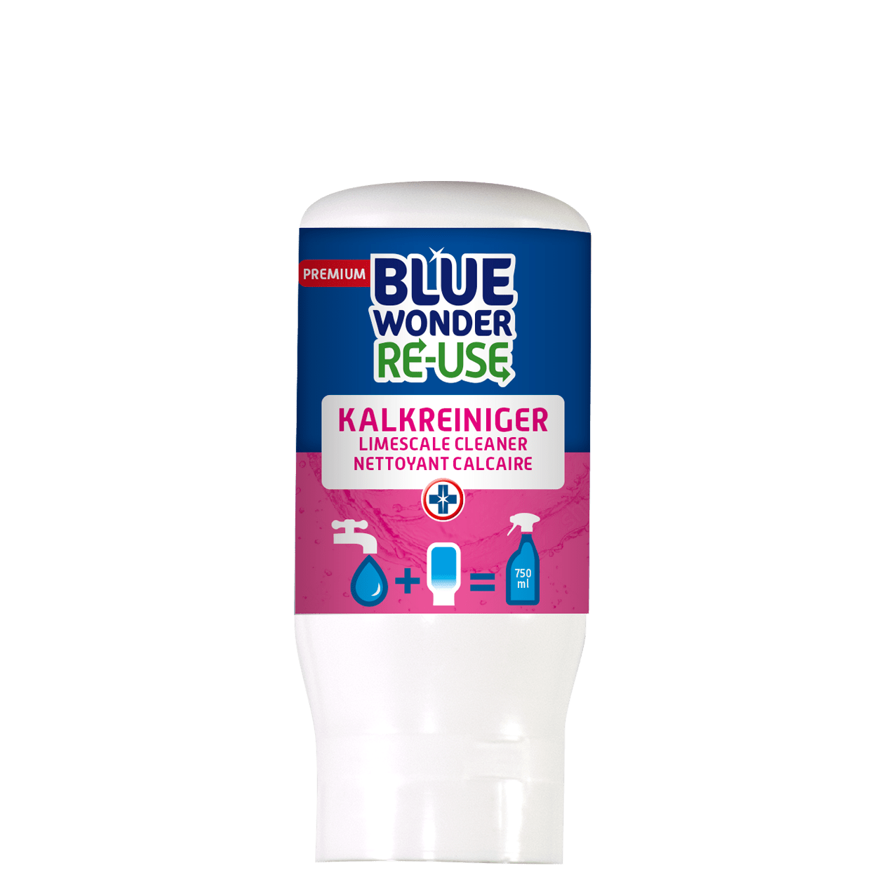In response to the trend that consumers want less packaging material, Blue Wonder has developed the RE-USE capsule. The Blue Wonder RE-USE capsules contain the unique Blue Wonder products in concentrated form. For example, we reduce the amount of plastic bottles, trucks on the road and CO2 emissions by up to 20 times.

The RE-USE capsules are 100% recyclable and easy to use.
The RE-USE capsules are effective, safe, economical and good for your wallet.
Each RE-USE capsule is suitable for refilling a 750ml bottle of Blue Wonder.
TNo unnecessary transport of water, no carrying heavy bottles home.