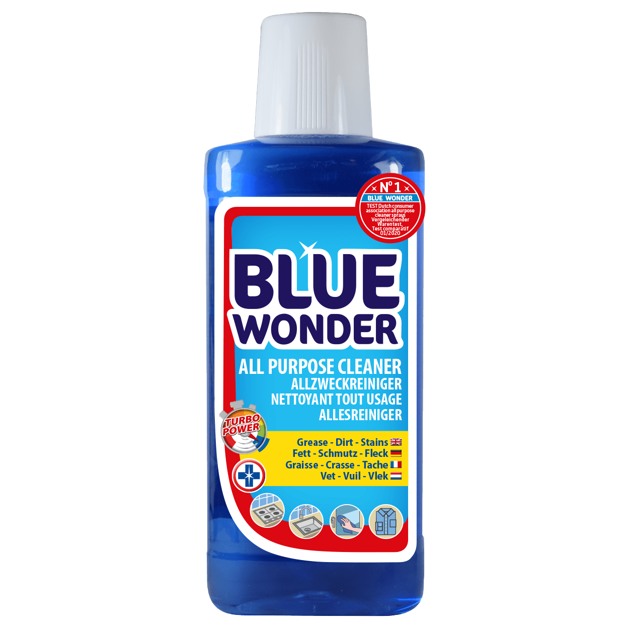 Removes grease, dirt and all kinds of stains (even from clothing). Can be used to clean doors, kitchen, bathroom, countertop, extractor hood, cupboards, windows, mirrors, car rims, wood and garden furniture, to name a few.