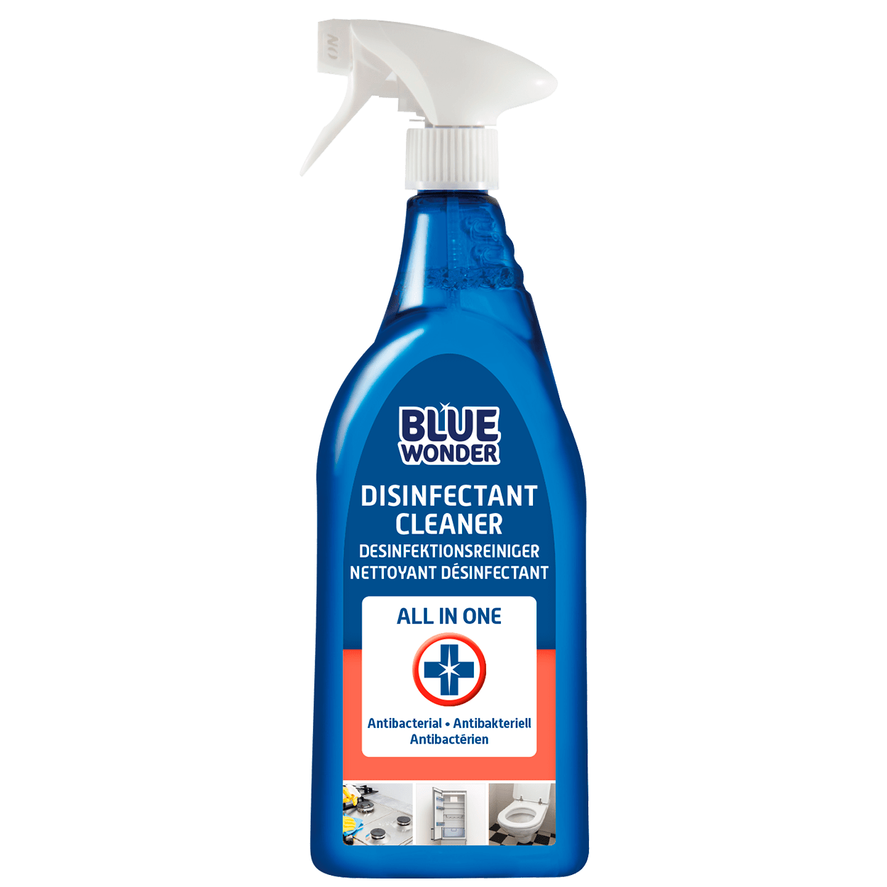 Blue Wonder Disinfectant Cleaner is unique because it cleans and disinfects at the same time. Blue Wonder Disinfectant Cleaner is suitable for daily cleaning of counter tops, the toilet, the bathroom, door handles, tables, worktops, the fridge, toys and much more. Chlorine-free. Blue Wonder Disinfectant Spray is ready to use.